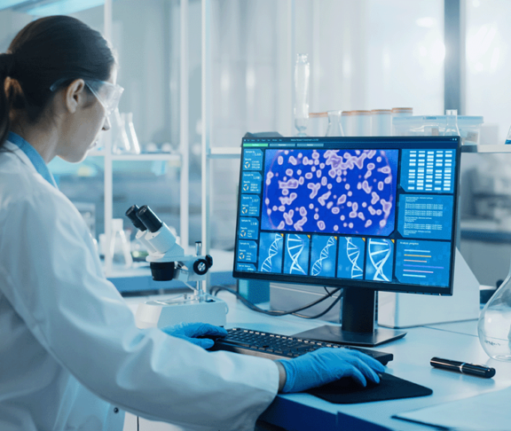 Microbiologist Working on Computer with Display Showing Gene Editing Interface.