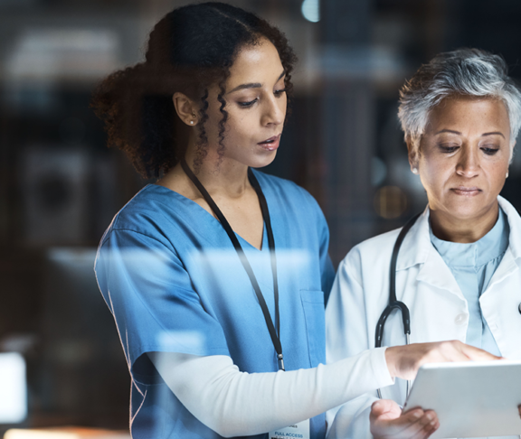 Doctors, nurse and digital tablet for night teamwork