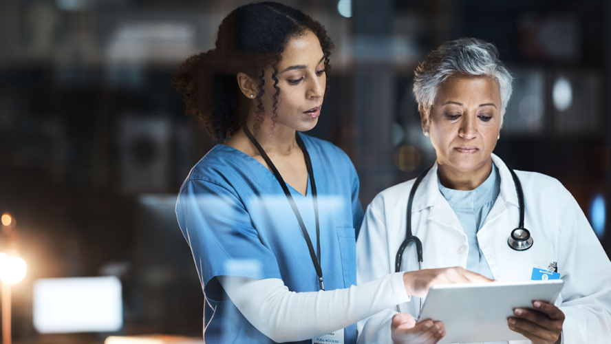 Doctors, nurse and digital tablet for night teamwork